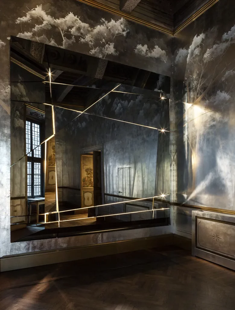 Specchio monumentale retroilluminato Mirror of Wonders in ambiente storico decorato, arredi su misura antonacci falegnamerie