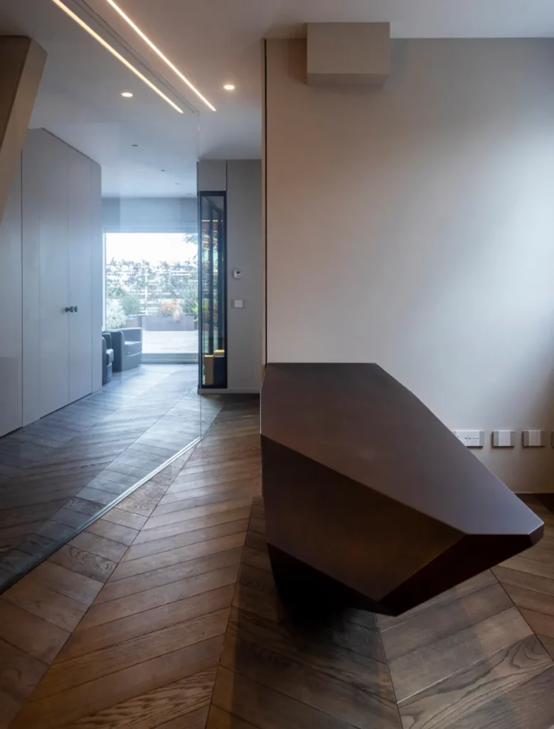 Ingresso con pavimento in legno e bancone scultoreo