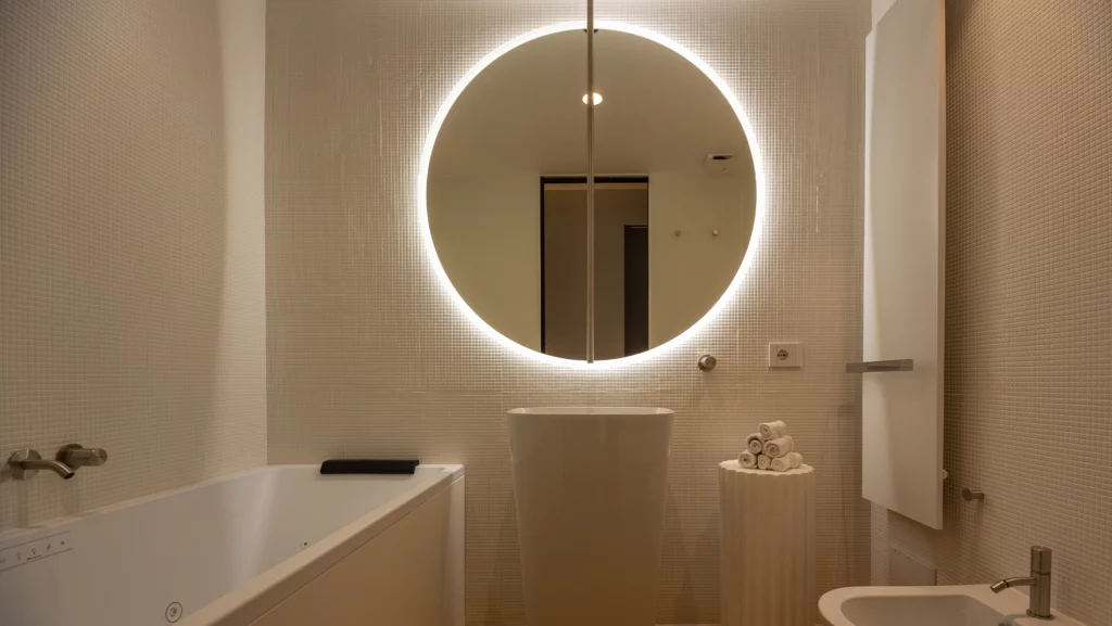 Bagno padronale con mobili in legno e vasca moderna, lavabo a colonna e specchio circolare retroilluminato